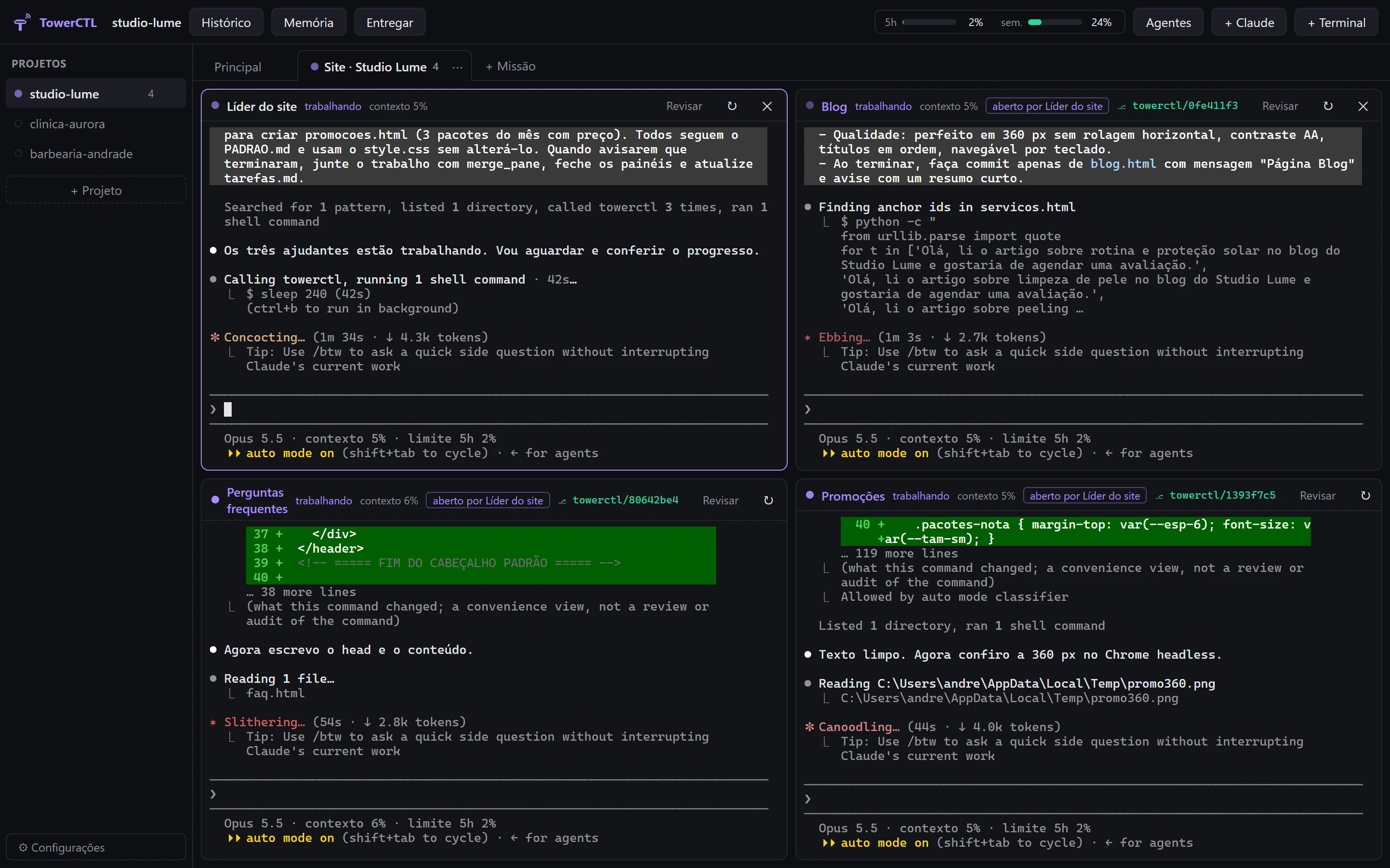 TowerCTL com o líder do site e três ajudantes criando as páginas de blog, perguntas frequentes e promoções em paralelo